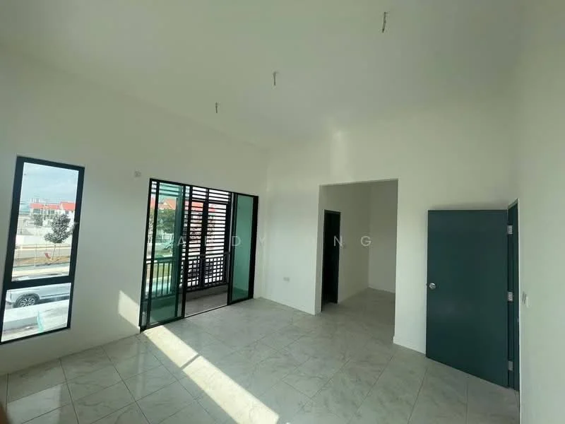 Room features: white painted walls, tiled flooring, large windows, black metal window frames, double doors, high ceiling, natural light from windows, balcony access; style: modern; view: city.