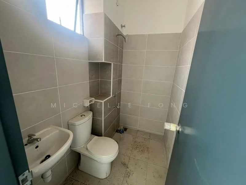 Bathroom features: white toilet, single-sink vanity with wall-mounted faucet, shower with wall-mounted shower head, grey tiled walls, light grey floor tiles, built-in shelf, window for natural light; style: modern.