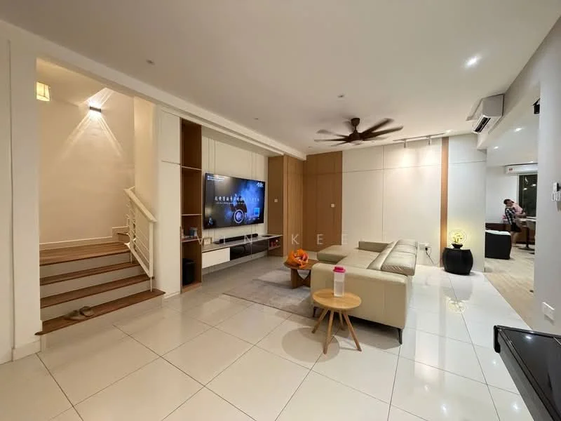 Living features: cream leather sofa, coffee table, wall-mounted TV, TV console with storage, recessed downlights, 5-blade ceiling fan, white painted walls, glossy tile flooring, staircase with wooden steps, decorative floor lamp; style: modern.