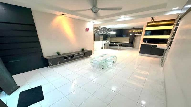 Living features: white tiled flooring, recessed downlights, 5-blade ceiling fan, wall-mounted TV console, glass coffee table, decorative wall paneling, open layout to kitchen, neutral wall color; style: modern. Kitchen features: black cabinetry, stainless-steel appliances, kitchen island with seating, white countertop, backlit feature wall, open-plan layout, tile backsplash; style: modern.