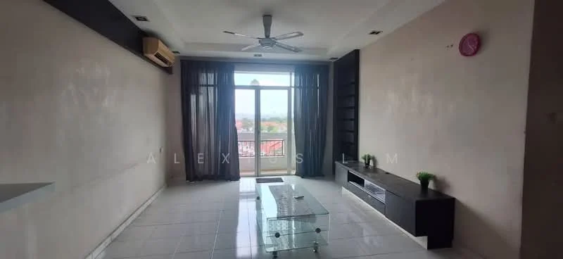 Living features: white painted walls, polished tile flooring, 5-blade ceiling fan with light, floor-to-ceiling windows, sliding glass door, blackout curtains, TV console, glass coffee table, decorative plants, built-in shelving, recessed downlights; style: modern; view: city.