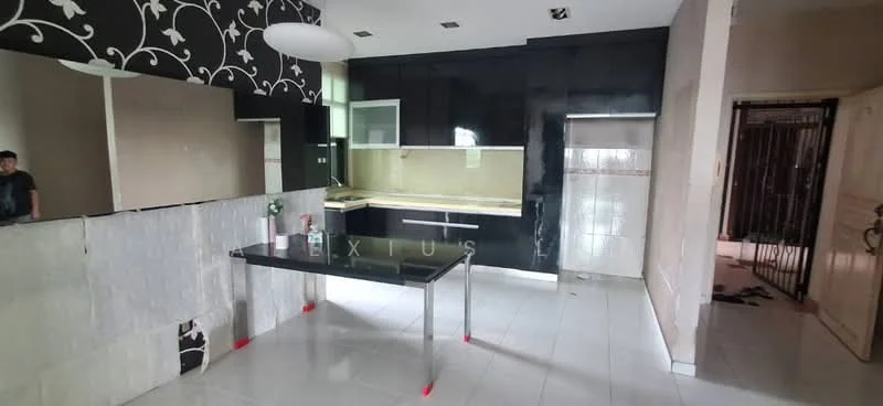 Kitchen features: black cabinetry, white countertop, stainless-steel sink, chrome faucet, tile backsplash, white tiled flooring, wall-mounted cabinets, open layout, recessed ceiling lights, decorative wall with floral pattern, large window, kitchen island with table, built-in oven, microwave, fridge; style: modern.