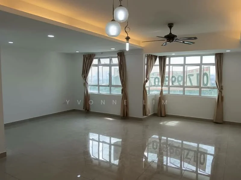 Living features: white painted walls, polished ceramic tile flooring, tray ceiling with recessed lighting, 5-blade ceiling fan with light, floor-to-ceiling windows, sheer curtains, natural light from windows, neutral color scheme; style: modern; view: city.