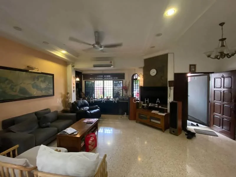 Living features: grey fabric 3-seater sofa, black leather armchair, wooden coffee table, TV console, wall-mounted TV, marble flooring, recessed downlights, ceiling fan, large windows with black grills, decorative wall art, wooden door, entrance hallway; style: contemporary.