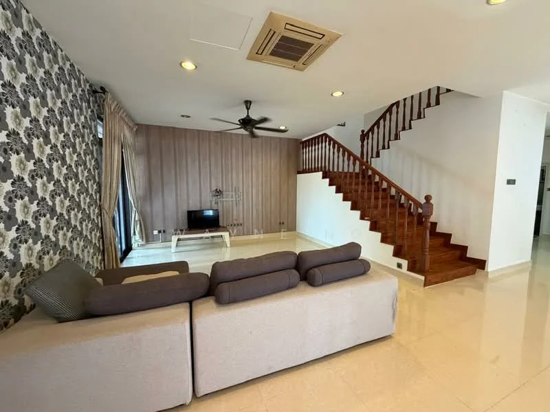 Living features: 3-seater fabric sofa in grey, coffee table, wall-mounted TV, feature wall with floral wallpaper, wood paneling on one wall, recessed downlights, ceiling fan, cream tiled flooring, large windows with sheer curtains, staircase with wooden handrail; style: modern.