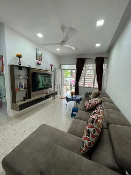 Living features: 3-seater fabric sofa in grey, decorative cushions with colorful patterns, wall-mounted TV, TV console with storage, ceiling fan with light, recessed LED downlights, floor-to-ceiling windows, curtains in dark red, polished tile flooring, decorative wall art, coffee table, open layout to adjacent room; style: modern; view: garden.