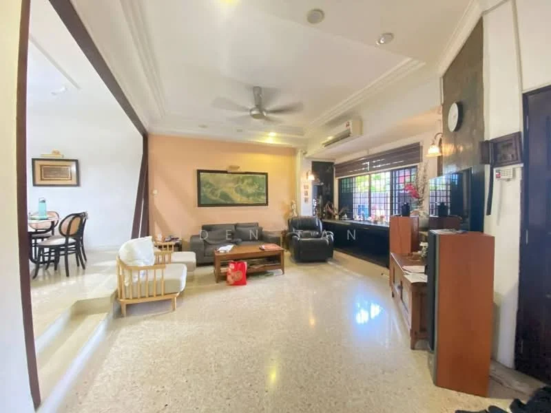 Living features: polished concrete flooring, white painted walls, tray ceiling, 5-blade ceiling fan, sofa in black leather, wooden coffee table, wooden armchair, decorative wall clock, large window with grid pattern, wall-mounted intercom, artwork on wall, open layout to dining area; style: contemporary. Dining features: round dining table, 4 dining chairs, wooden cabinetry, large window with grid pattern; style: contemporary.