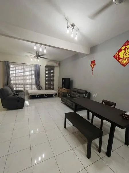 Living features: white painted walls, polished ceramic tile flooring, tray ceiling, 5-blade ceiling fan with light, sofa in grey fabric, coffee table, dining table with bench seating, TV console, window with blinds, decorative wall art; style: modern.