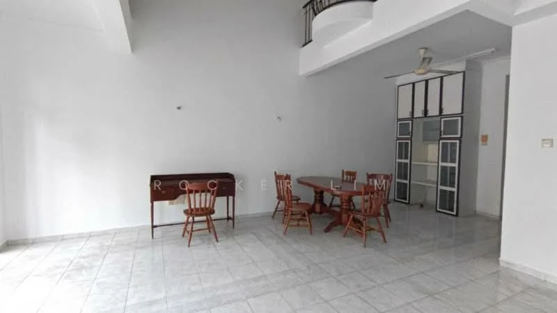Dining features: white painted walls, tile flooring, dining table with wooden legs, 4 wooden dining chairs, sideboard cabinet, ceiling fan, high ceiling, large windows, natural light; style: minimalist.