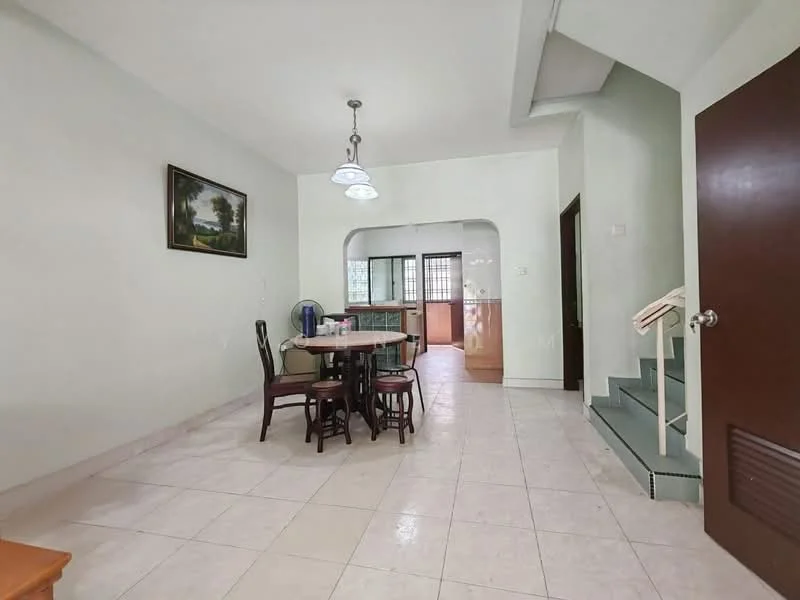 Dining features: round dining table, 4 dining chairs, ceramic tile flooring, white painted walls, hanging pendant lights, framed artwork on wall, open layout to kitchen, staircase visible in corner. Kitchen features: wood cabinetry, countertop, kitchen appliances visible, open layout to dining area.