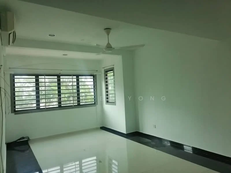 Living features: white painted walls, polished floor tiles, 5-blade ceiling fan, floor-to-ceiling windows, black window frames, natural light from windows, air conditioning unit, neutral color scheme; style: modern; view: garden.