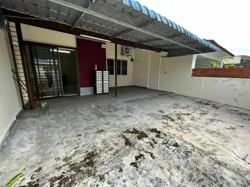 Room features: concrete flooring, covered patio, sliding glass door, wall-mounted split AC, exposed brick wall, grey painted walls, outdoor space, no visible furniture.