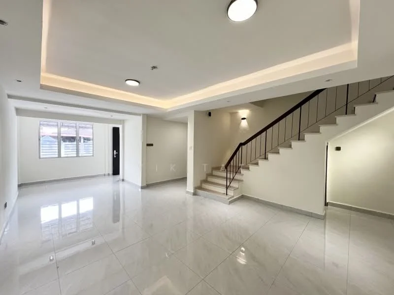 Living features: white painted walls, marble tile flooring, recessed downlights, ceiling rose, staircase with wooden handrail, large windows, open layout, neutral color scheme; style: modern.