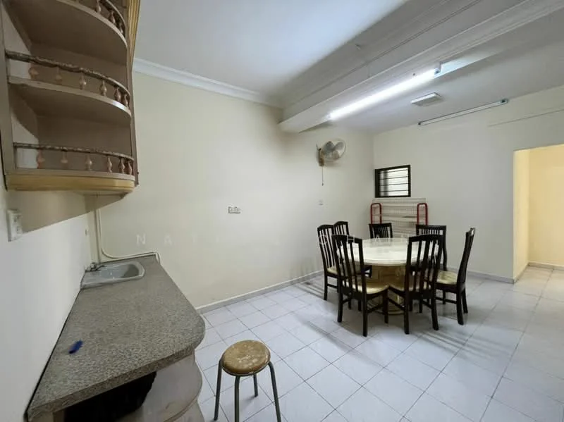 Kitchen features: granite countertop, single-bowl stainless-steel sink, wooden cabinetry with open shelving, white painted walls, tile flooring, ceiling-mounted fluorescent lighting, wall-mounted fan, dining table with wooden chairs.