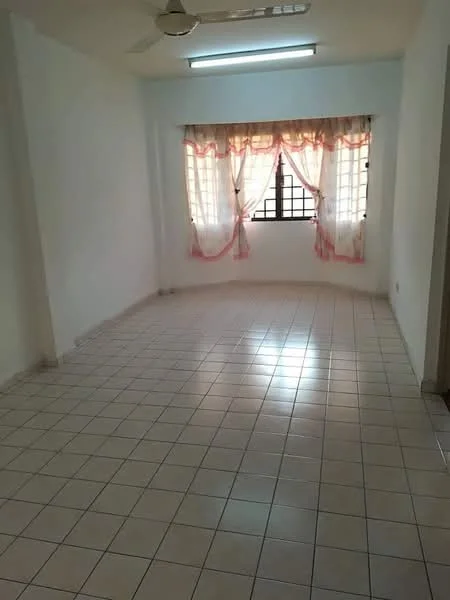 Room features: white painted walls, ceramic tile flooring, ceiling fan, window with sheer curtains, natural light from window.