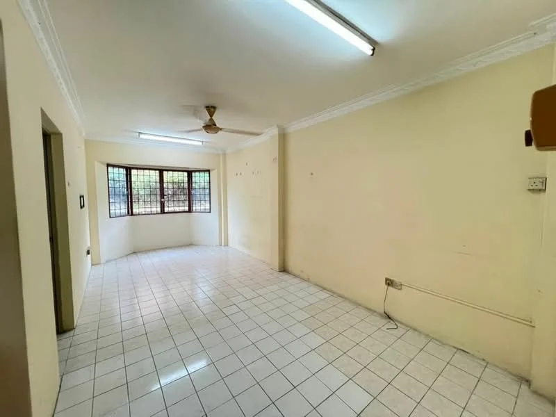 Room features: white painted walls, white tiled flooring, ceiling fan, window with grid pattern, light fixtures, corner space, baseboard, power outlet.
