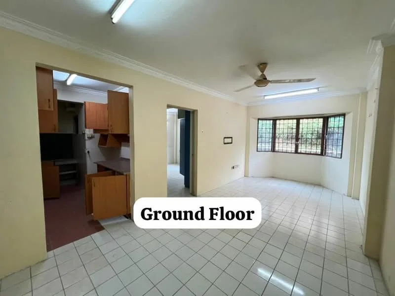 Room features: white painted walls, tiled flooring in white, ceiling fan, multiple fluorescent ceiling lights, large windows with metal grilles, open layout, kitchen cabinetry, doorway leading to another room; style: traditional.