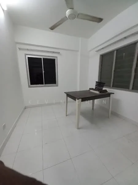 Room features: white painted walls, white tiled flooring, ceiling fan, large window, window with blinds, table, minimalist decor; style: minimalist.