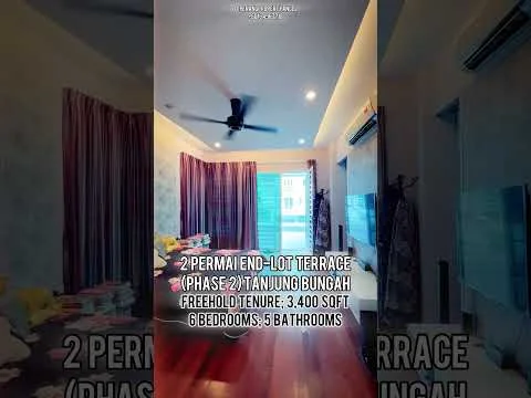 Living features: light-coloured walls, floor-to-ceiling windows, curtains with floral pattern, sofa with cushions, coffee table, area rug, ceiling fan, decorative wall art, TV console, wall-mounted TV; style: modern; view: garden.