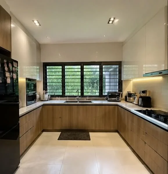 Kitchen features: black refrigerator, built-in oven, black microwave, stainless-steel sink, chrome pull-down faucet, white quartz countertop, wood cabinetry, black gas hob, tile backsplash, recessed downlights, window with black grille, grey floor tiles, kitchen rug; style: modern; view: garden.