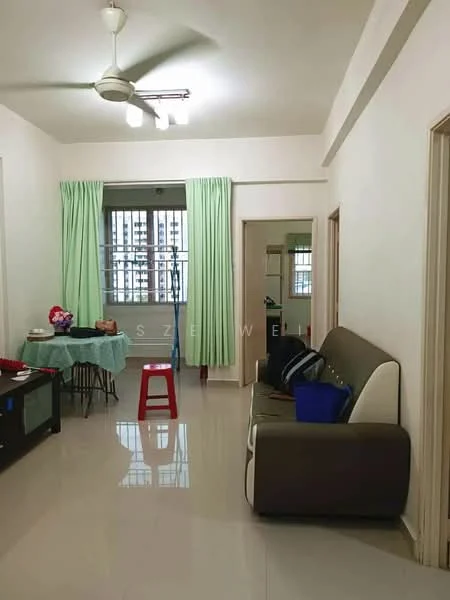 Living features: cream painted walls, glossy tile flooring, 5-blade ceiling fan with light, floor-to-ceiling windows, green curtains, sofa in beige and brown, coffee table, TV console, decorative items on table, red stool; style: modern. Dining features: small round dining table, green tablecloth, chairs around table; style: modern.