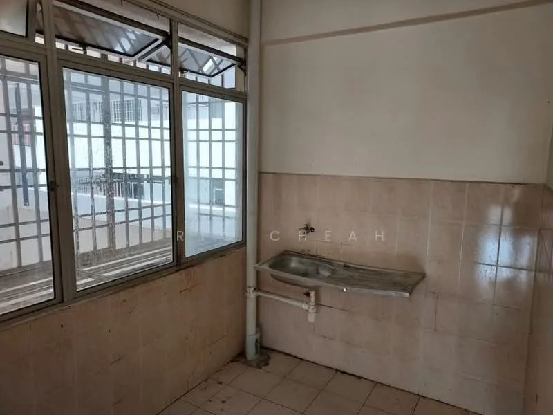 Laundry features: single-bowl stainless-steel sink, chrome faucet, white tiled walls, light beige tiled flooring, large windows with metal grilles, natural light from windows, wall-mounted plumbing, corner layout.