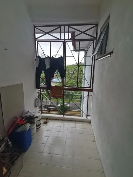 Room features: white painted walls, tiled flooring, metal window frames, clothes hanging rack, exposed pipes, storage containers, view of greenery outside; view: garden.