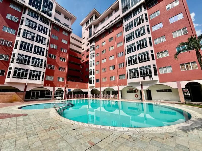 Exterior type: mid-rise condominium; features: swimming pool, surrounding balconies, red painted facade, glass windows, pool deck, landscaped area, outdoor seating, lifebuoy, paved walkway; style: modern.
