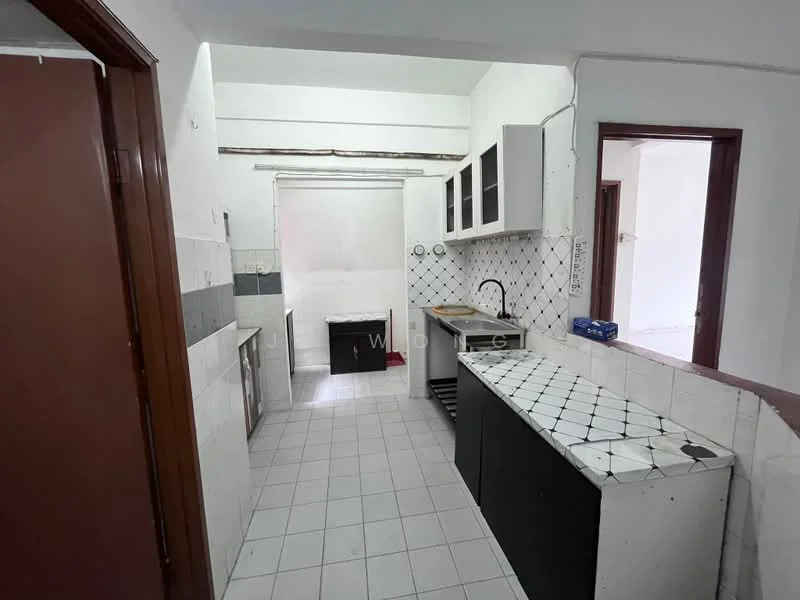Kitchen features: white tiled walls, grey tiled flooring, black cabinetry, white countertop with tile backsplash, stainless-steel sink, single-bowl stainless-steel sink, chrome pull-down faucet, built-in oven, freestanding range oven, window above sink, open shelving, recessed lighting; style: modern.