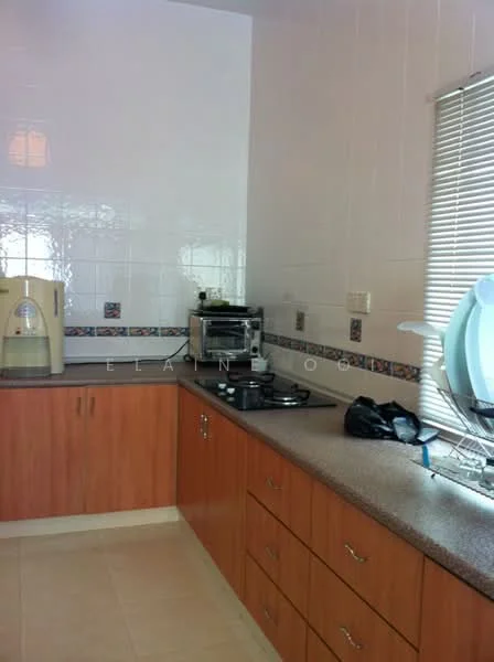 Kitchen features: white tiled walls, light brown laminate cabinetry, grey countertop, built-in gas stove, kettle, coffee machine, dish rack, sink, window with blinds, ceramic tile flooring; style: modern.
