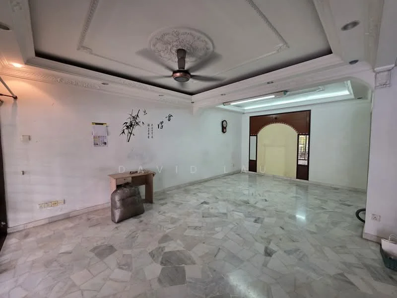 Living features: marble flooring, white painted walls, tray ceiling with decorative moulding, ceiling fan, wall-mounted light fixture, large arched doorway, window with security bars, decorative wall art, open layout; style: traditional.