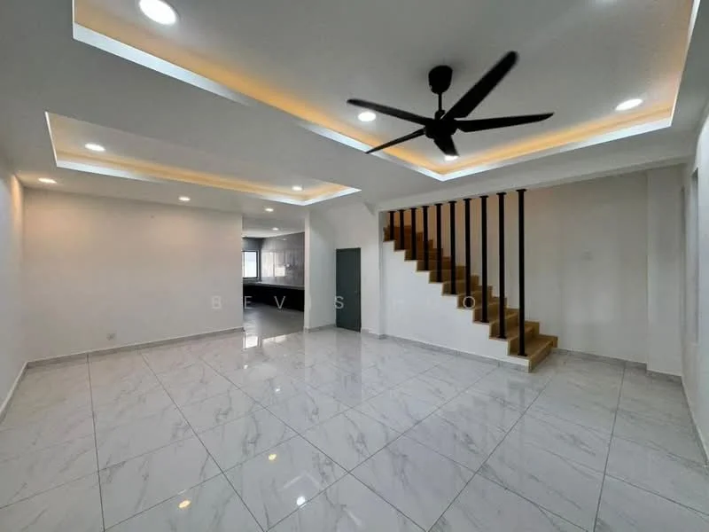 Living features: white painted walls, marble tile flooring, tray ceiling with recessed lighting, 5-blade ceiling fan with light, staircase with wooden steps and black railing, large windows for natural light, open layout, neutral color scheme; style: modern.