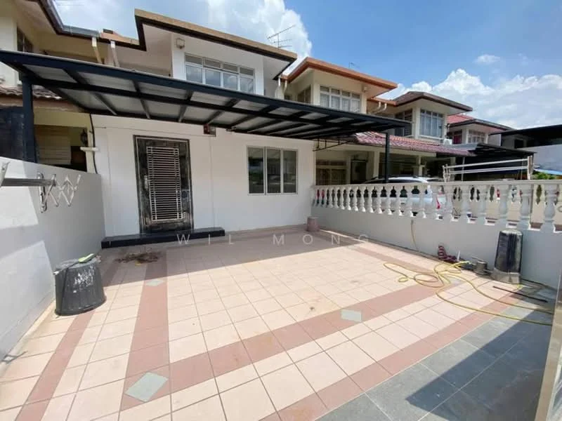 Exterior type: linked terrace house; features: covered car porch, tiled flooring, white painted walls, balustrade railing, outdoor space, drainage system visible, garden hose, sunny weather, surrounding residential buildings; style: modern.