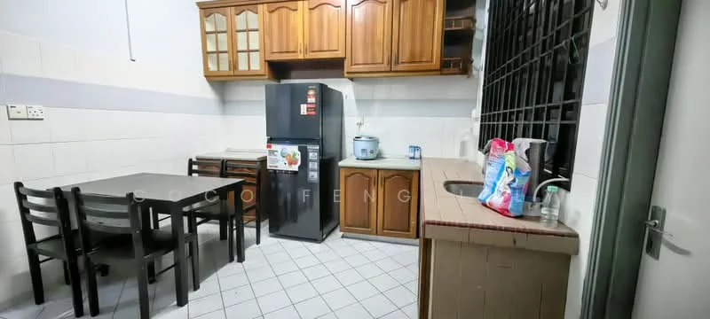 Kitchen features: wooden cabinetry with glass-front upper cabinets, stainless-steel fridge, microwave, double-bowl stainless-steel sink, chrome pull-down faucet, countertop with tiled backsplash, dining table with four chairs, tile flooring, wall-mounted window with metal grilles, white painted walls, kitchen appliances visible; style: traditional.