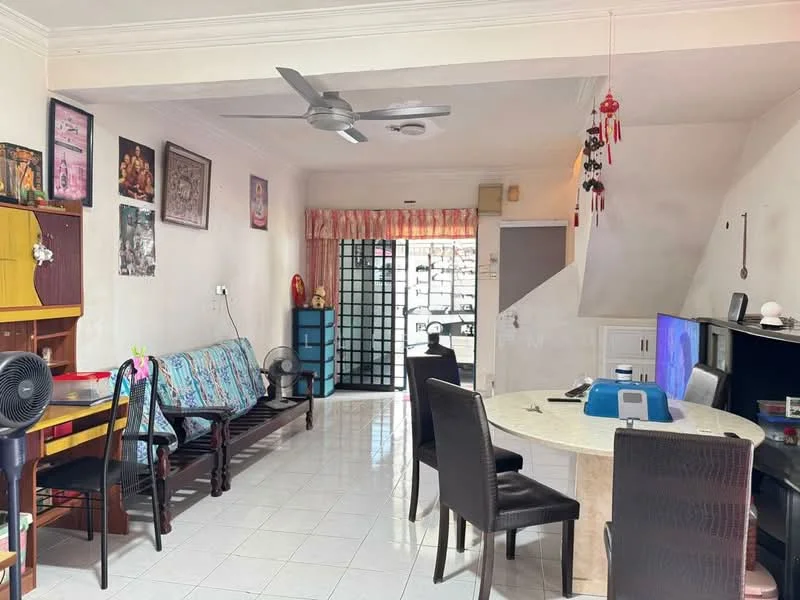 Living features: white painted walls, glossy tile flooring, 5-blade ceiling fan with light, sofa with patterned upholstery, wooden dining table, black dining chairs, decorative wall art, window with sheer curtains, open layout, decorative hanging ornaments; style: modern.