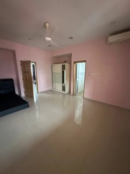 Room features: pink painted walls, glossy tile flooring, ceiling fan, wall-mounted air conditioning unit, built-in wardrobe, door leading to another room, black upholstered sofa, light from window; style: modern.