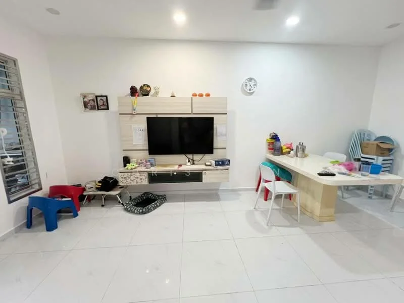 Living features: white painted walls, glossy white tile flooring, wall-mounted TV, light wood TV console, decorative wall clock, dining table with chairs, colorful plastic chairs, various items on the table, open space layout, window with security bars; style: modern.
