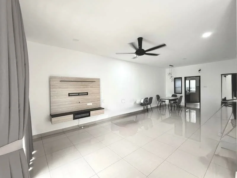 Living features: white painted walls, glossy ceramic tile flooring, 5-blade ceiling fan with light, wall-mounted entertainment unit, dining table with chairs, large windows with sheer curtains, recessed lighting, open layout; style: modern.