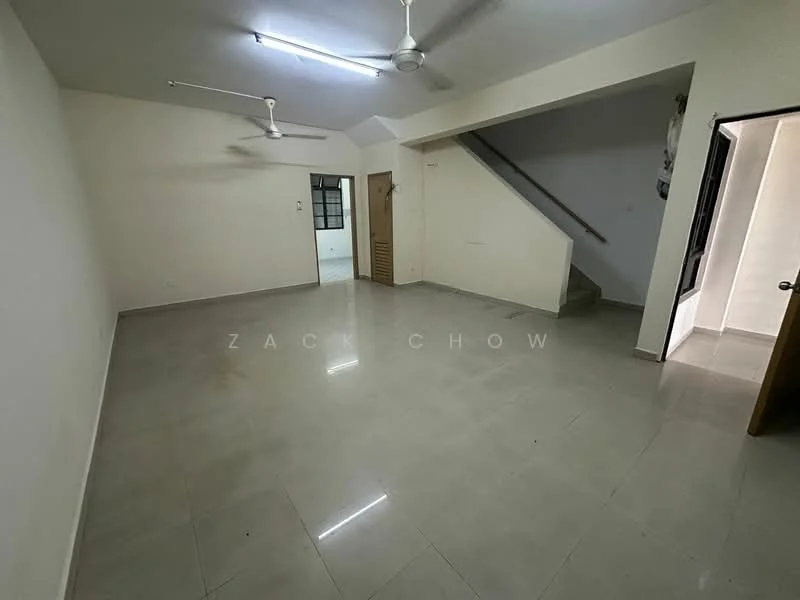 Room features: white painted walls, tile flooring, ceiling fan, recessed lighting, staircase, doorway leading to another room, large window, open layout; style: modern.