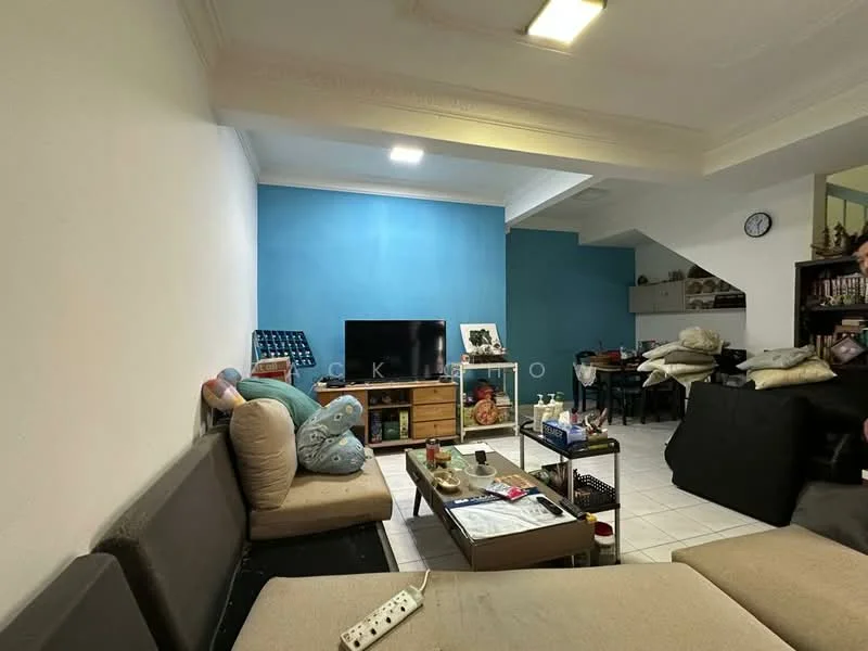 Living features: light blue accent wall, white painted walls, tile flooring, sofa with cushions, coffee table, TV console with television, decorative items on shelves, dining table in background, clock on wall, recessed ceiling lights; style: modern.