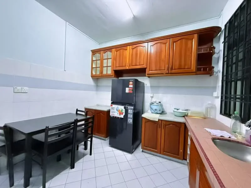 Kitchen features: wooden cabinetry with glass-front upper cabinets, white tiled backsplash, grey countertop, stainless-steel sink, single-bowl stainless-steel sink, black refrigerator, 4-burner gas hob, dining table with 4 black chairs, white walls, tile flooring, window with black grille, light fixture on ceiling; style: modern.
