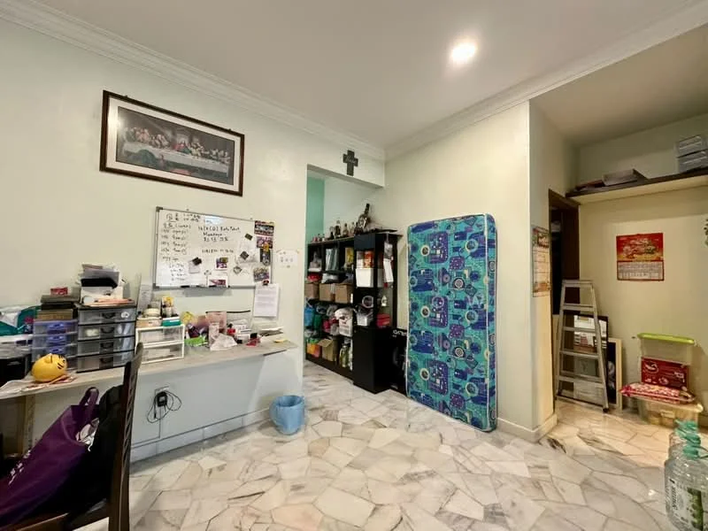 Room features: white painted walls, marble flooring, recessed downlights, framed artwork on wall, open shelving, storage cabinets, notice board, blue patterned screen, various household items on shelves, plastic storage containers.