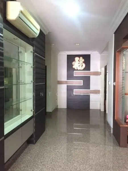 Room features: polished granite flooring, white painted walls, decorative wall art, glass display cabinet, air conditioning unit, recessed lighting, wood panel accents; style: modern.