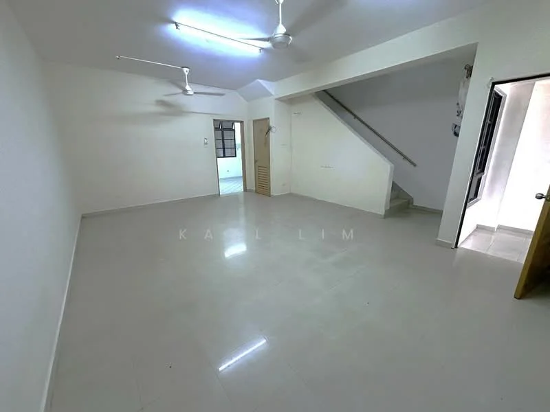 Room features: white painted walls, glossy ceramic tile flooring, 2 ceiling fans, staircase leading to upper level, doorway to adjacent room, doorway to hallway, no visible windows; style: minimalist.