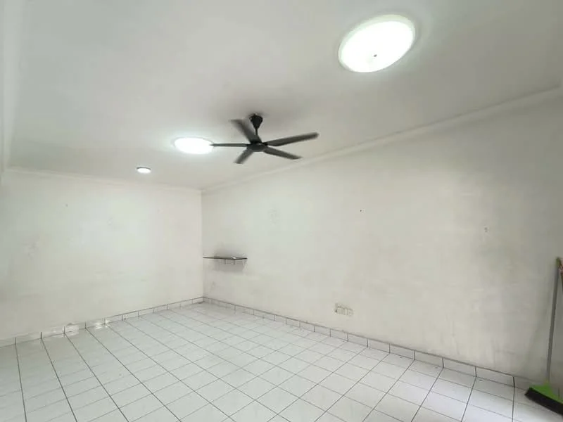 Room features: white painted walls, white tiled flooring, ceiling fan, 2 ceiling lights, wall-mounted shelf.