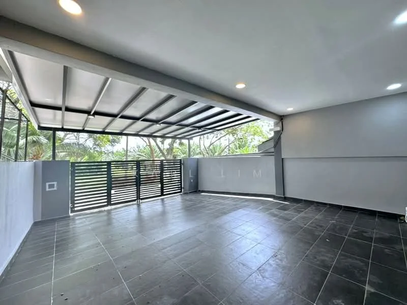 Room features: grey painted walls, black tile flooring, recessed downlights, sliding glass door, covered terrace, open layout, outdoor view, metal railing; style: modern; view: garden.