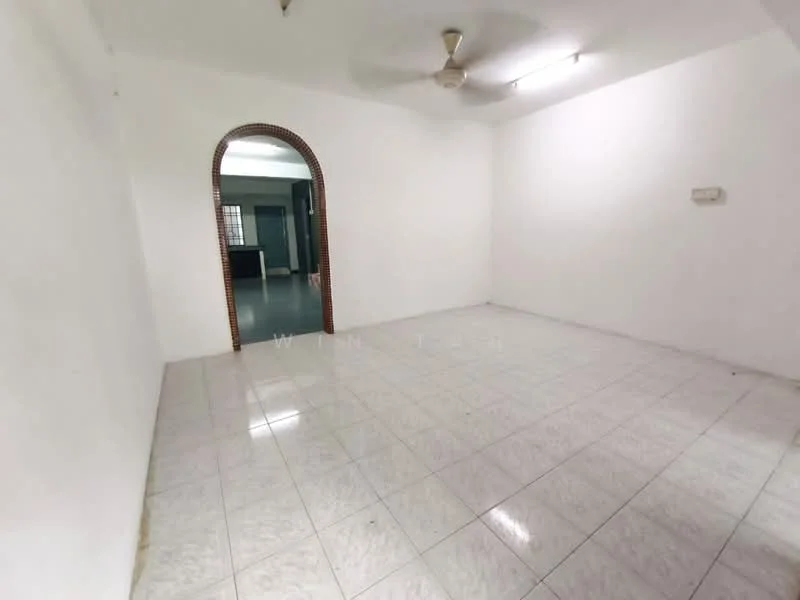 Room features: white painted walls, glossy white floor tiles, ceiling fan, arched doorway, recessed lighting, no visible furniture, open layout, neutral color scheme; style: minimalist.