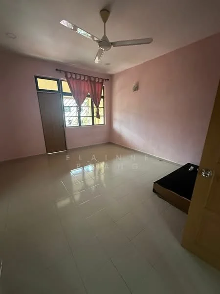 Room features: pink painted walls, glossy tile flooring, ceiling fan, window with sheer curtains, single door, corner with no visible furniture.