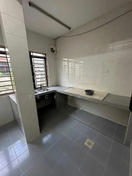 Room features: grey tiled flooring, white tiled walls, corner countertop, single-bowl sink, window with metal grille, overhead lighting, open layout, no visible appliances; style: minimalist.