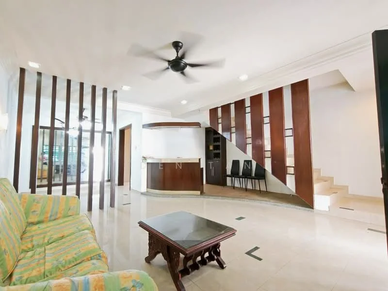Living features: 3-seater fabric sofa in green and yellow stripes, coffee table with wooden legs, ceiling fan with 5 blades, marble tile flooring, white painted walls, wooden feature wall with vertical slats, open-plan layout to dining area, staircase with wooden railing, built-in shelving unit, recessed downlights; style: modern.